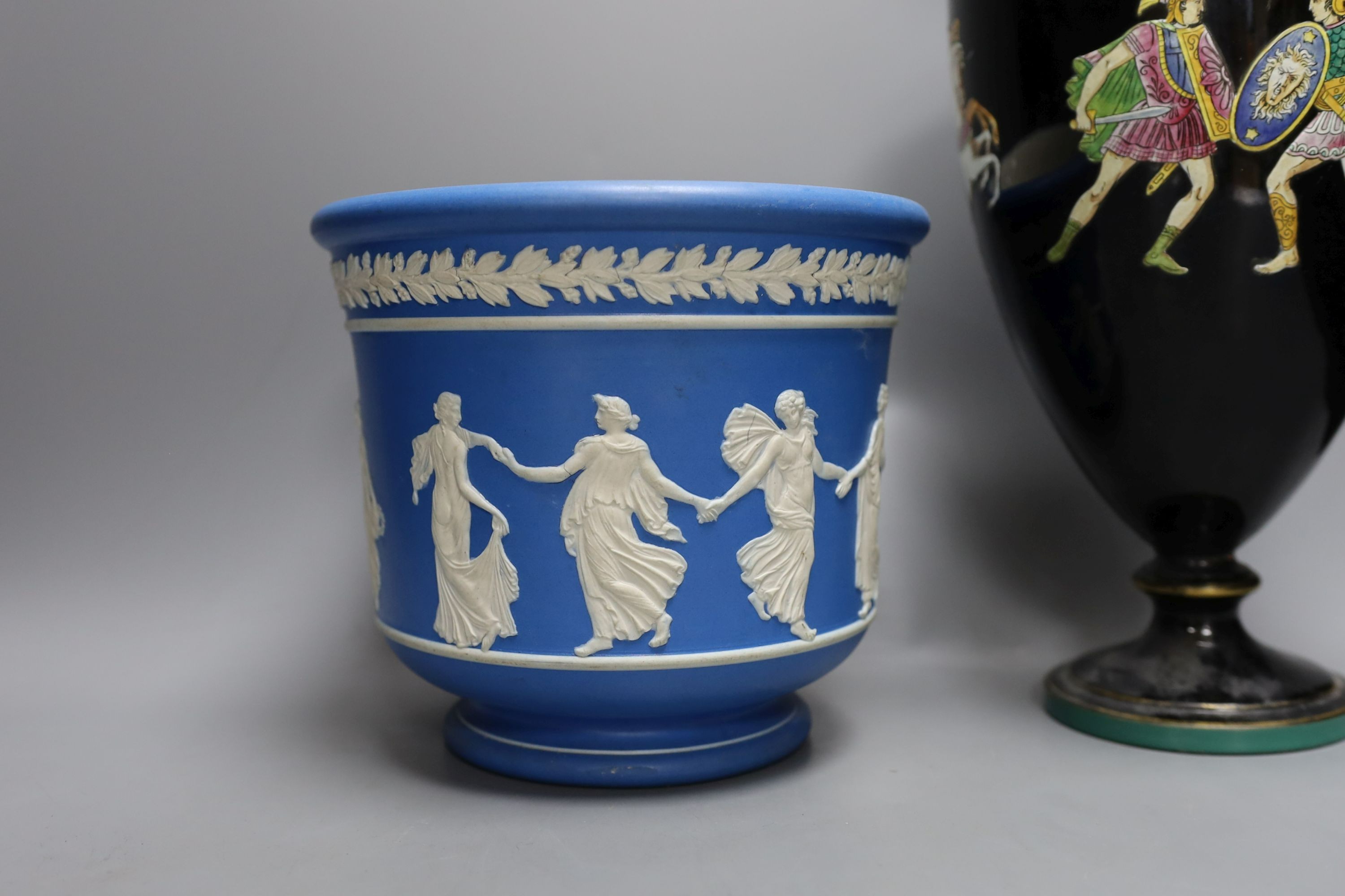 A jasper ware Portland style vase, together with a Jasperware jardiniere and vase, and a Spode jug - tallest 37.5cm (4)